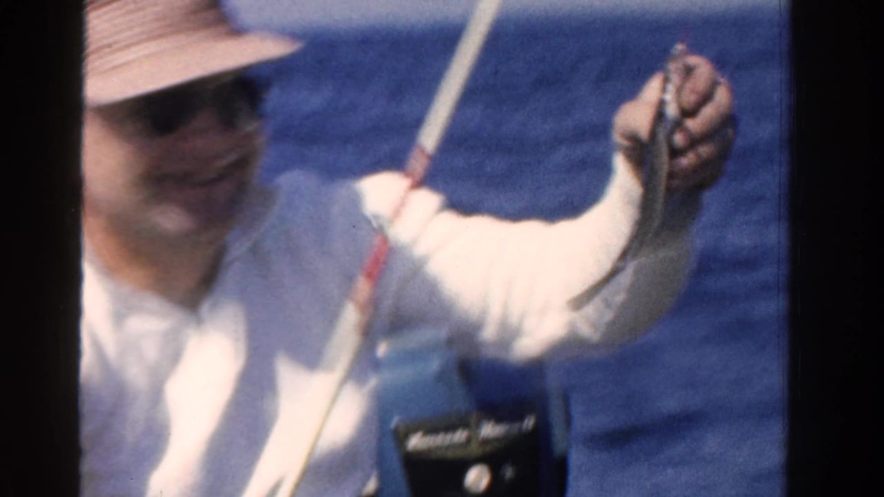 Man in sunglasses and a brimmed hat holds up a small fish while seated in a boat.