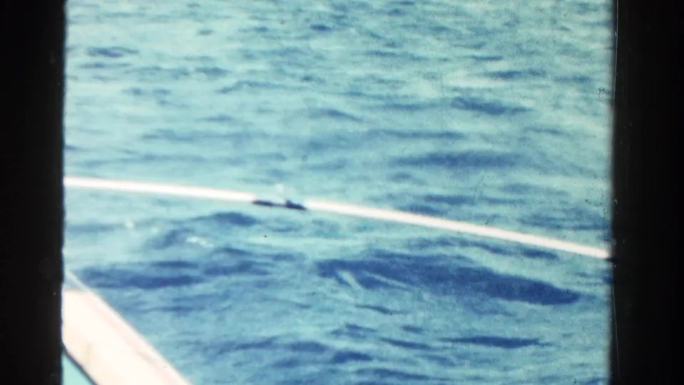 Onboard view from the 1958 Ontario boat footage, showing rippled water and the pale edge of the boat.