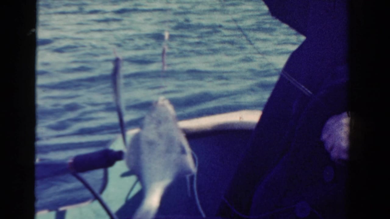 1958 Ontario 8mm frame showing a caught fish near a small boat, with rippled lake water and dark film borders.