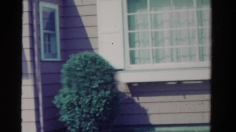 1958 Ontario exterior detail with clapboard siding, a small window, white trim, and a shaped shrub in bright sun.
