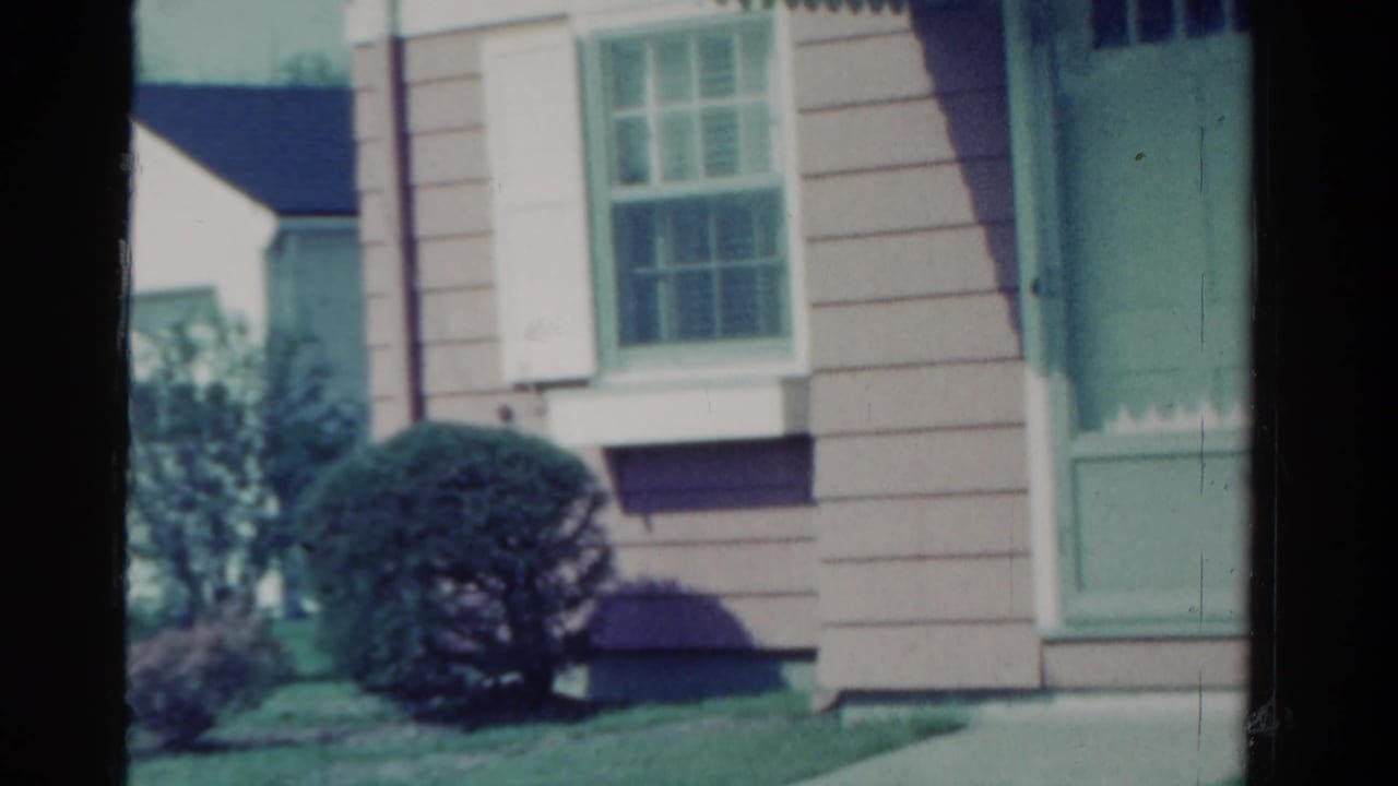 Light clapboard house exterior with window, shutters, green door, lawn, and shrubs.
