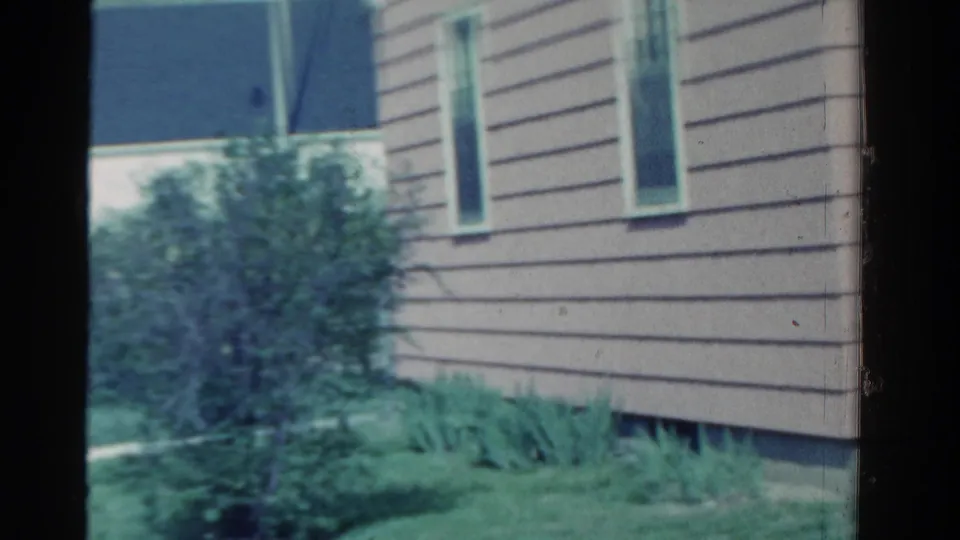 1958 Ontario yard view showing the side wall of a clapboard house with windows, shrubs, lawn, and planted greenery.