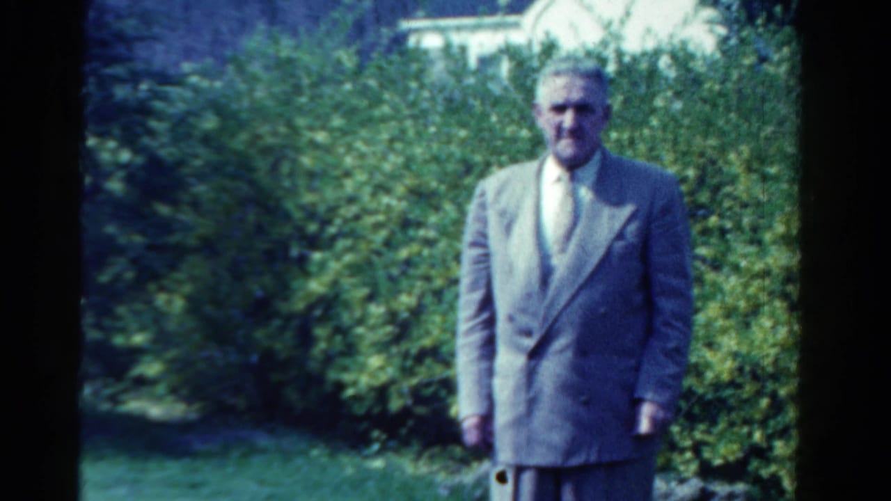 Adult man in a light suit stands on a lawn before dense green bushes.