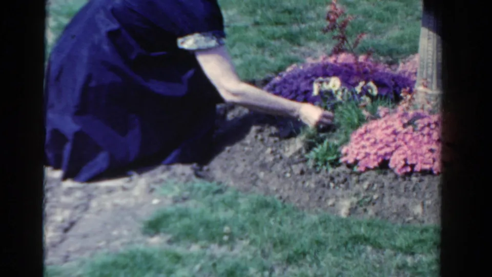 A woman in a blue dress tends bright flowers in a small Ontario memorial garden, with grass and a stone marker nearby.
