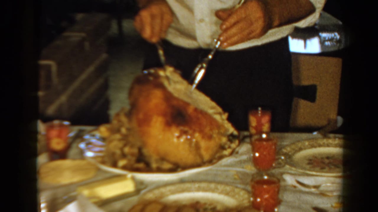 The Ontario 1958 dinner table shows a roast turkey being carved, with red jelly cups and patterned plates nearby.