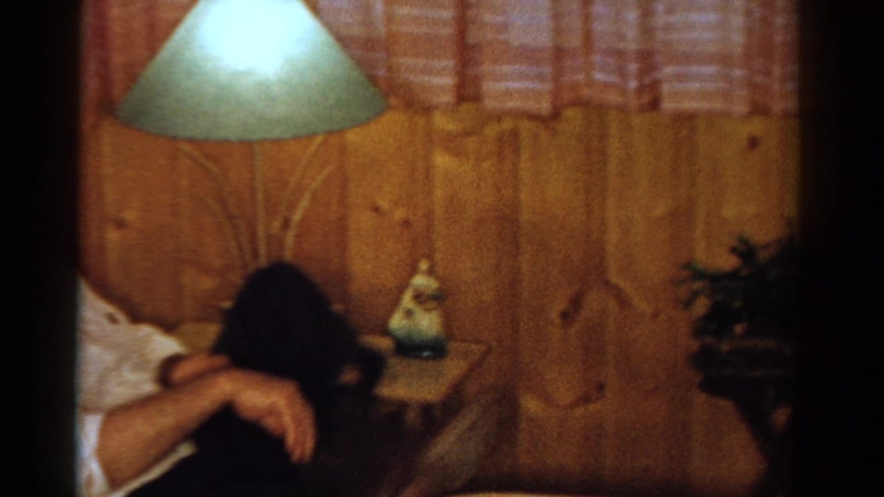 A partially seen adult rests or leans near a shaded lamp and side table in the same 1958 Ontario home interior.