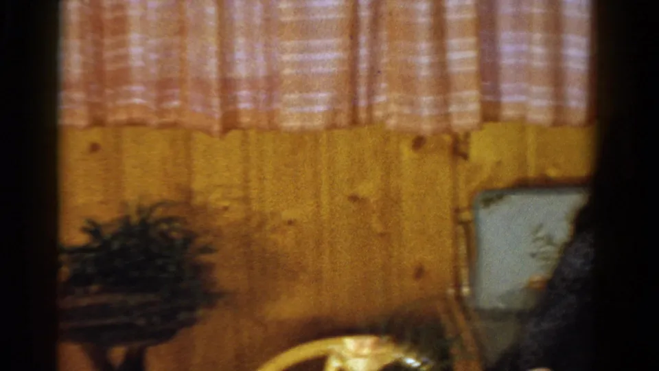 The camera shifts to room details in a 1958 Ontario home, showing wood paneling, curtains, a plant, chair back, and small television.