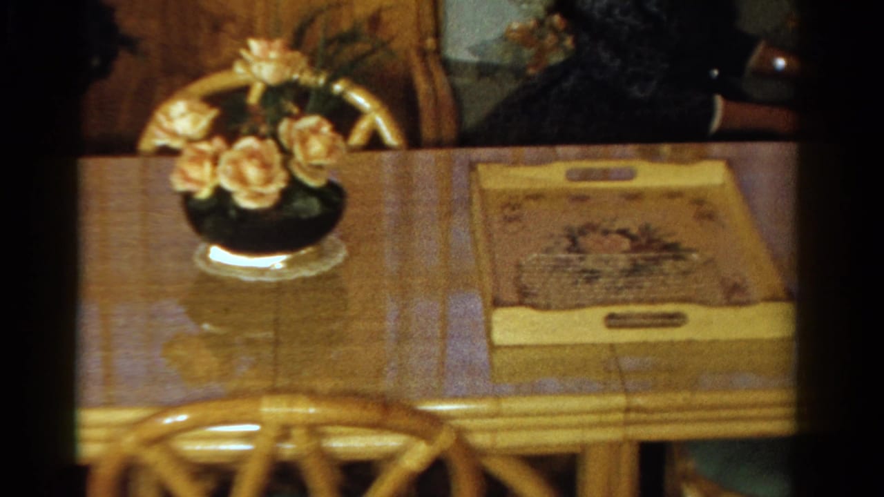 Wooden dining table with floral centerpiece, decorative tray, chairs, and partial adult figures.