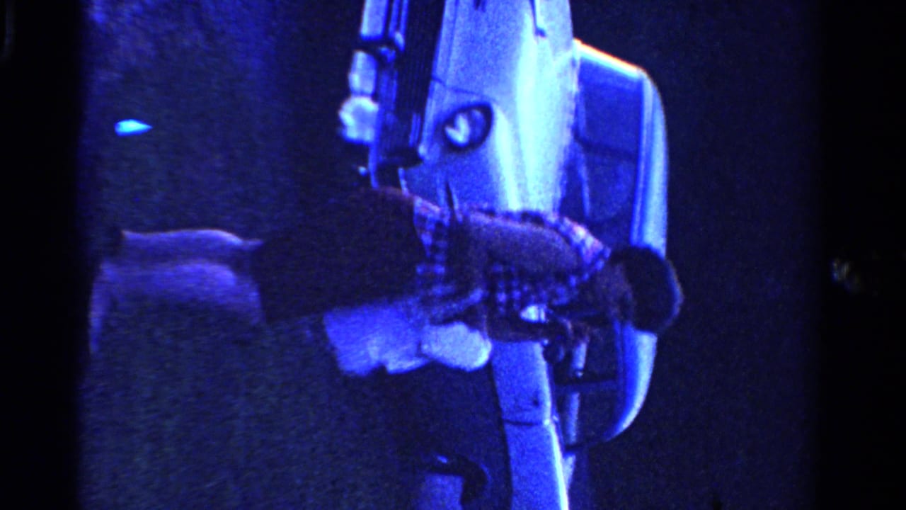 Woman in plaid clothing beside a light-colored vintage car in a blue-tinted sideways frame.