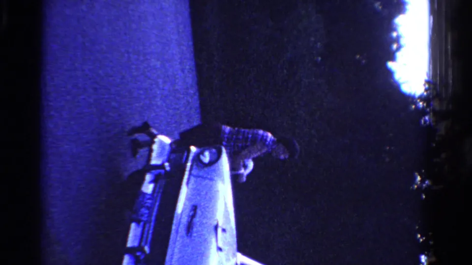 In the blue-lit 8mm frame, the woman bends beside the light-colored car, with pavement and dark trees around her.