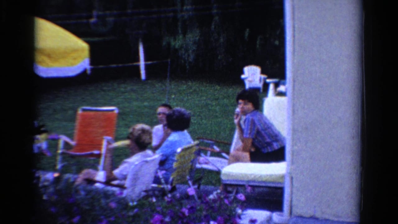 Relatives sit in lawn chairs beside flowers while watching a backyard scene.