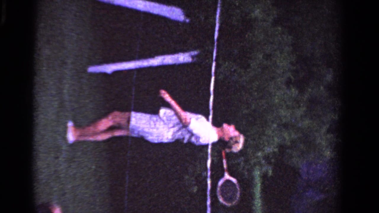 In the Ontario 1958 outdoor scene, the woman appears to swing a racket across a grassy court with trees or hedges behind her.