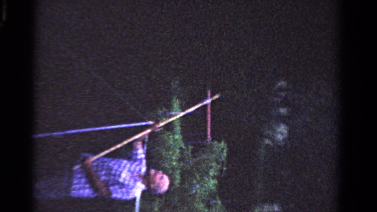 In 1958 Ontario home-movie footage, a man in a blue check shirt leans toward foliage while holding a long pole against a dark sky.