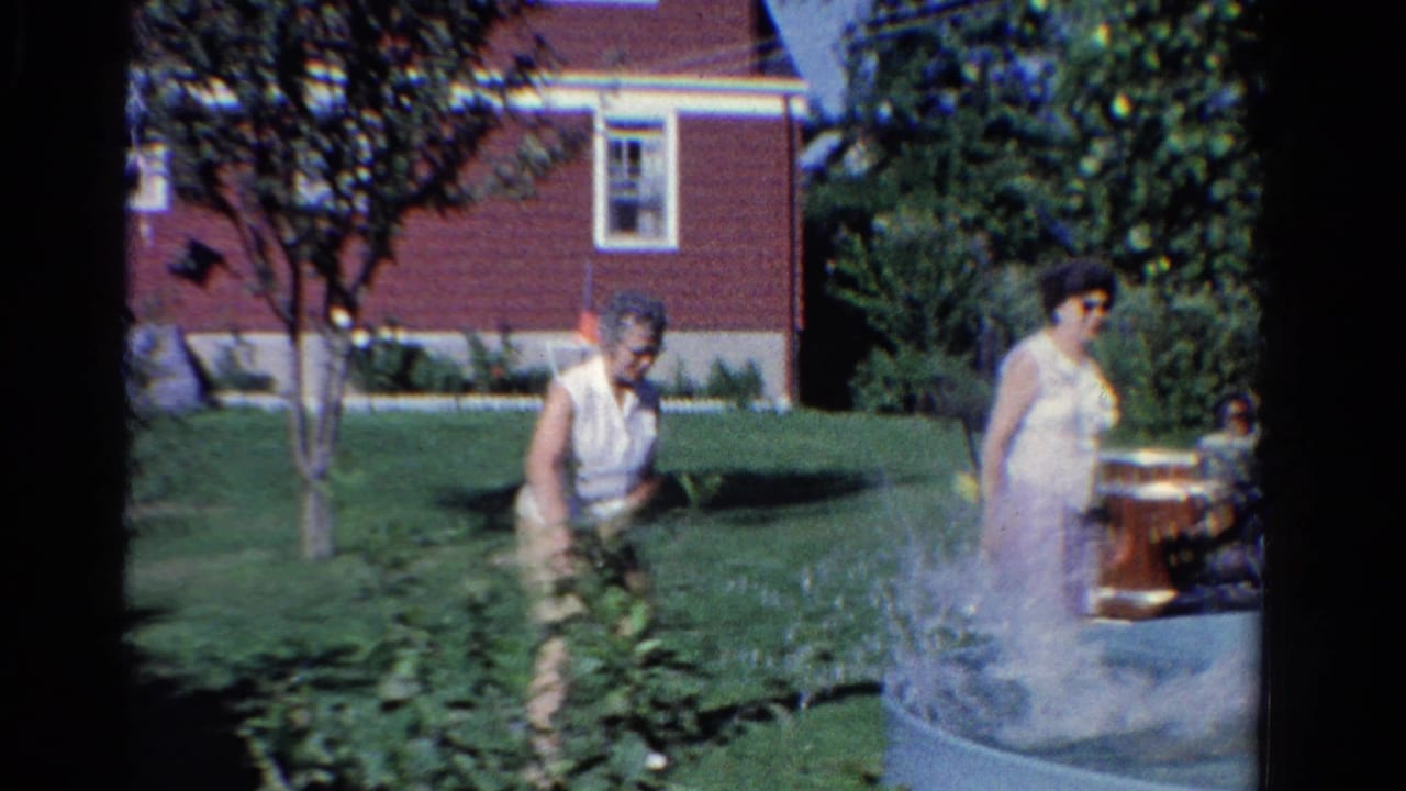 1958 Ontario backyard scene with two adults near an above-ground pool, garden plants, lawn, trees, and a red house exterior.