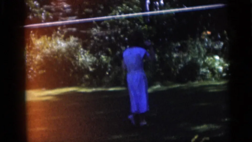 The woman in a blue dress is seen from behind in the 1959 yard scene, framed by lawn, trees, and a horizontal clothesline.