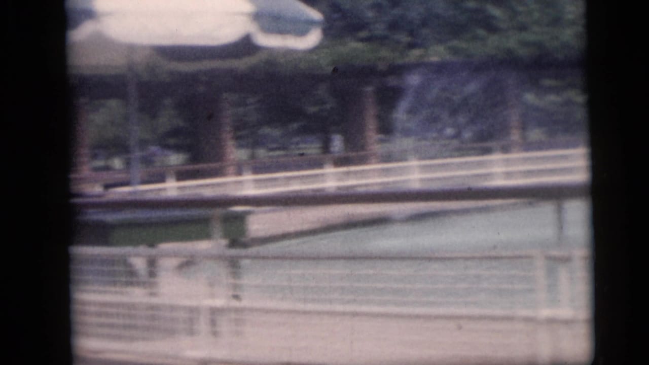 Public pool area with white railings, pale water, brick pavilion supports, trees, and dark film gate edges.