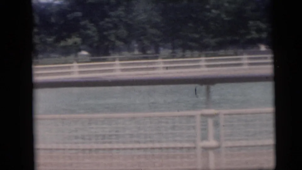 1959 home-movie view across a Camden public pool, with white fencing in front, swimmers in the water, and trees beyond.