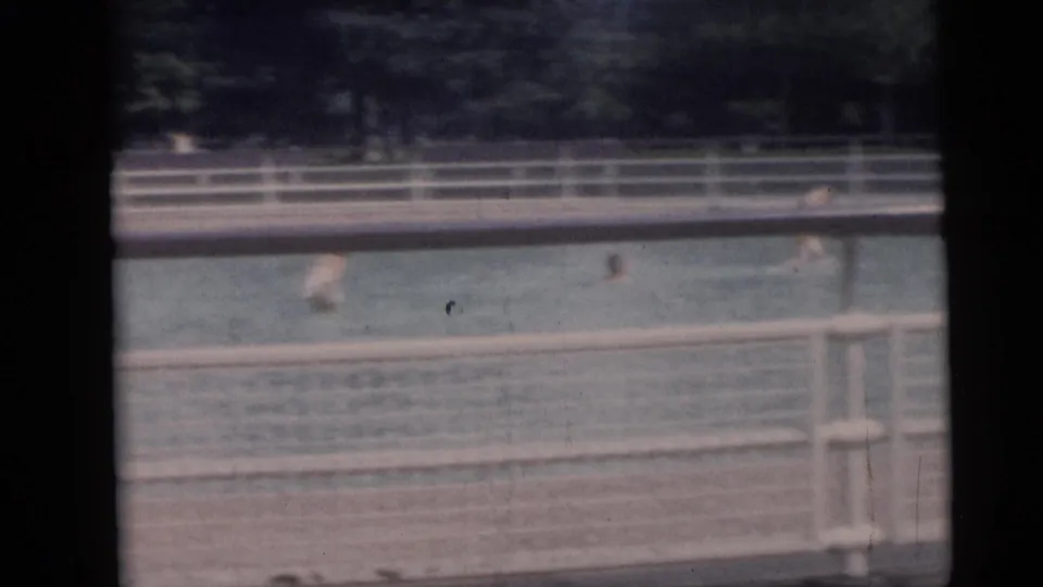 End frame of the Camden pool clip showing distant swimmers, white railings, pool water, trees, and handheld 8mm framing.