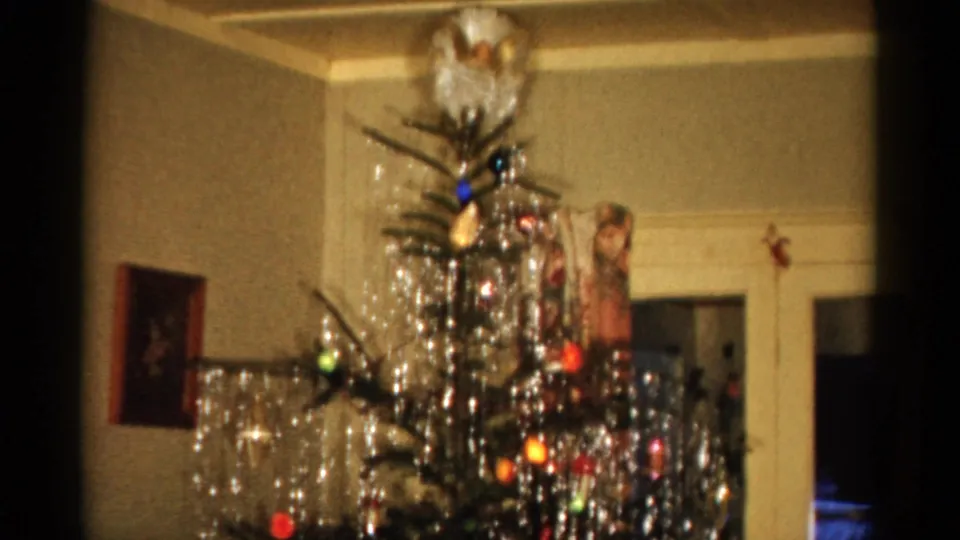 1959 Catskill interior frame with a lit Christmas tree, silver tinsel, colored ornaments, wall art, and interior doors behind it.