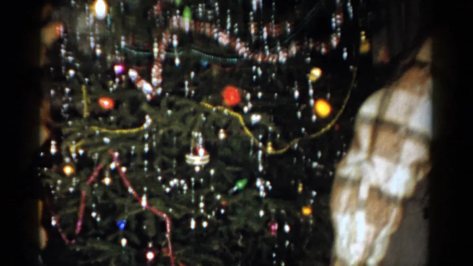 1959 Catskill home interior showing a tinsel-covered Christmas tree and a partially visible person in a plaid shirt.