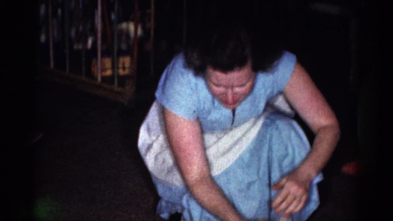 The woman remains crouched in the Catskill interior, looking downward as her apron and blue dress fill the right side of the frame.