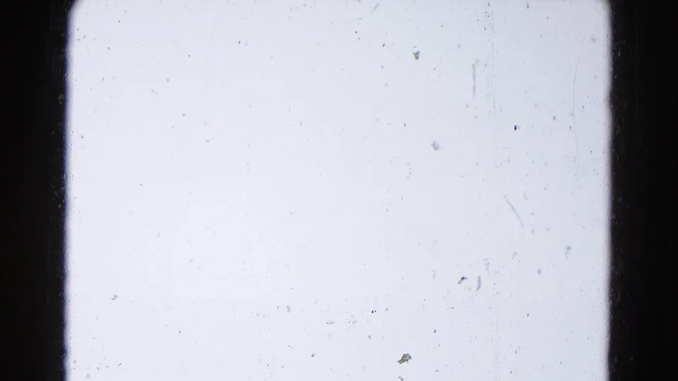 Overexposed 1959 8mm home-movie frame with a dark vertical divider, pale field, dust specks, and light surface scratching.