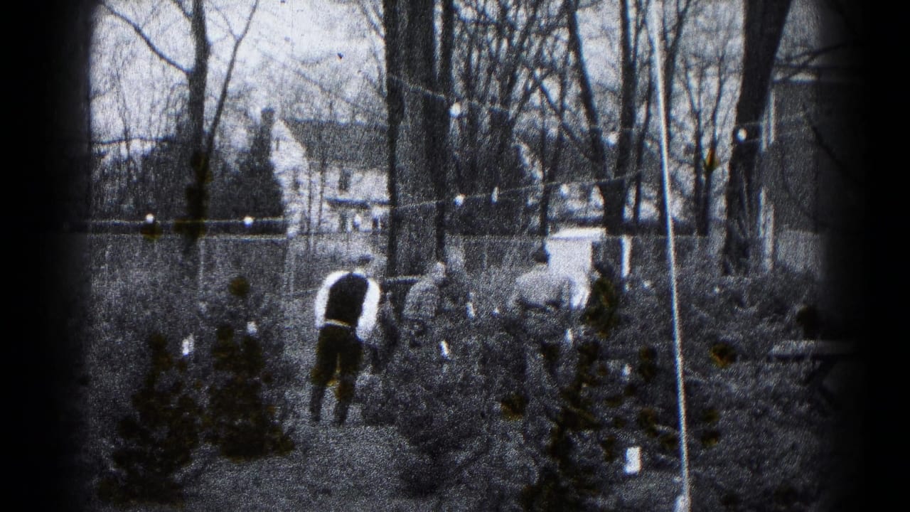 1959 Hagerstown backyard view with adults near small evergreens, bare trees, string lights, fencing, and neighboring houses in soft 8mm black-and-white.