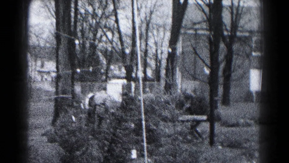 The final backyard frame shows adults partly hidden by shrubs, with winter trees, string lights, fencing, and a picnic table in the Hagerstown yard.