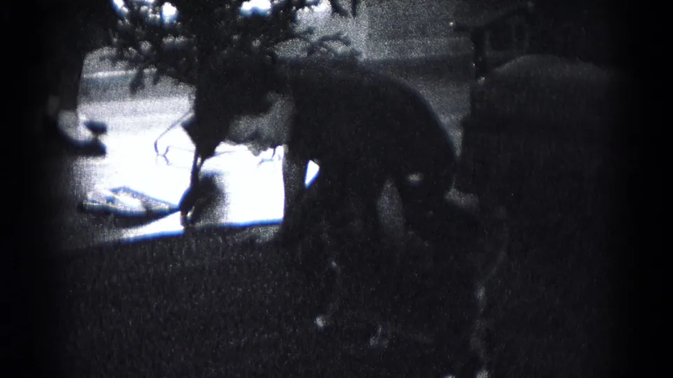 A person appears to reach toward objects on a bright table surface in a dim 1959 Hagerstown house interior.