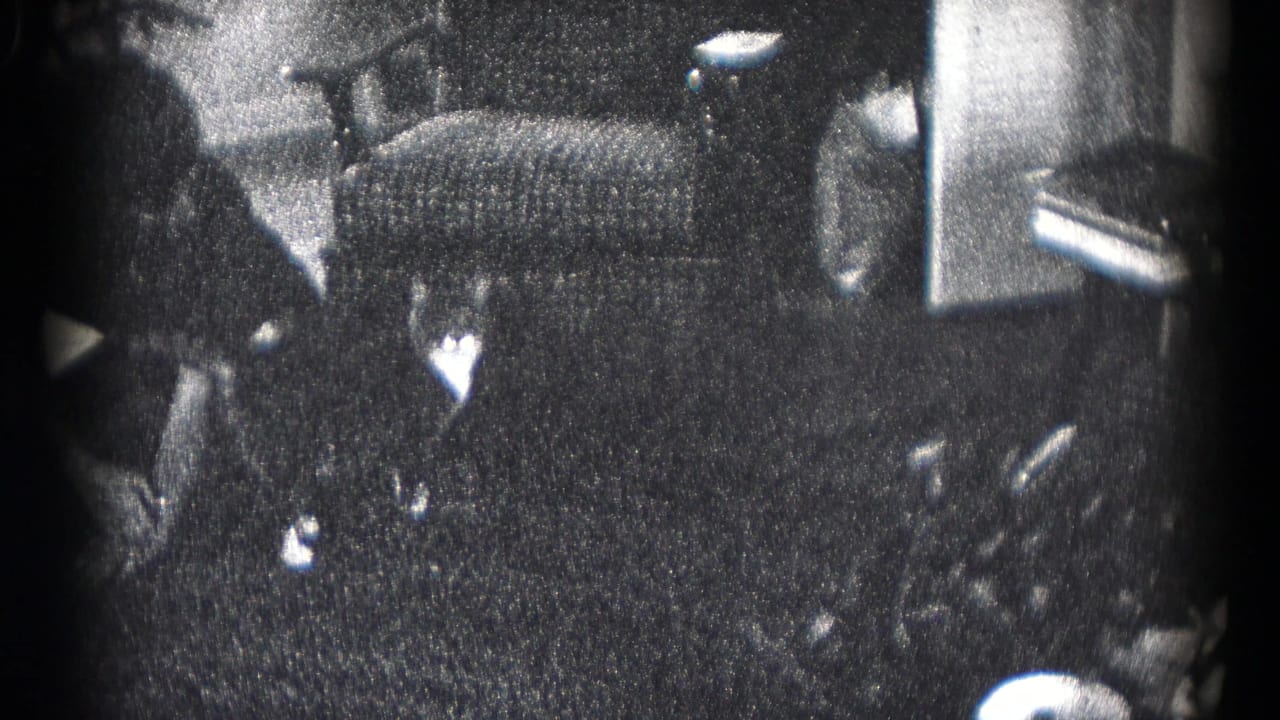 The couple appears in a dim interior near a patterned chair and small Christmas decorations, with soft 8mm grain obscuring detail.