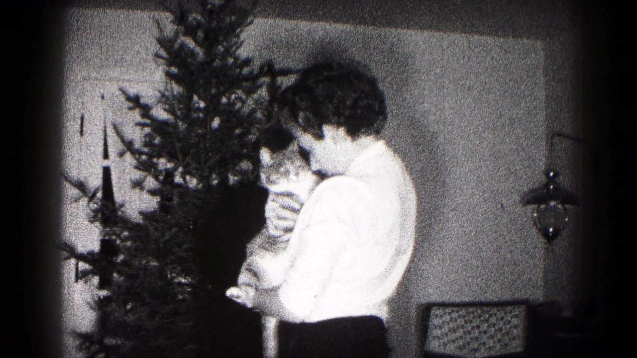In 1959 Hagerstown home-movie footage, a woman stands beside a small Christmas tree while holding a cat in a dim interior.