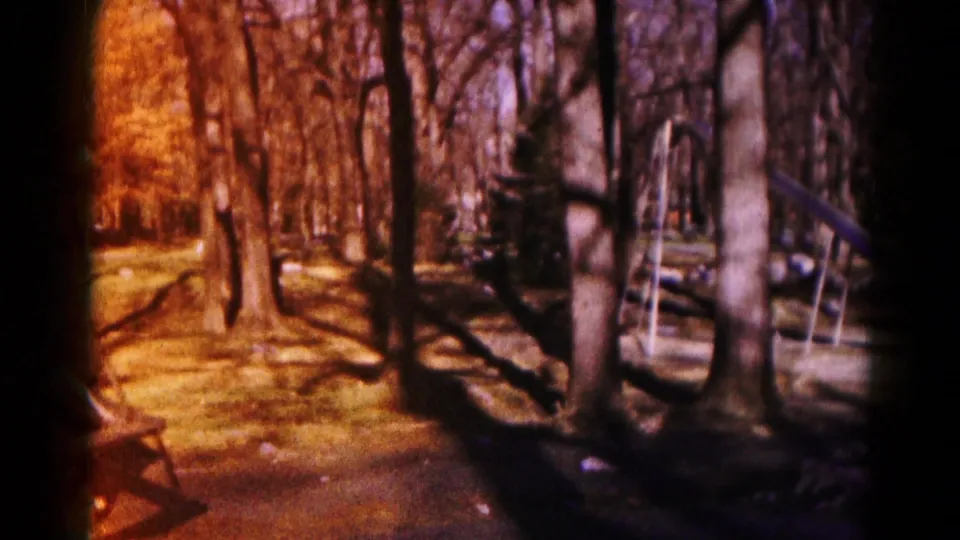 1959 Hagerstown home-movie frame of a quiet woodland playground, with bare trees and a slide visible to the right.