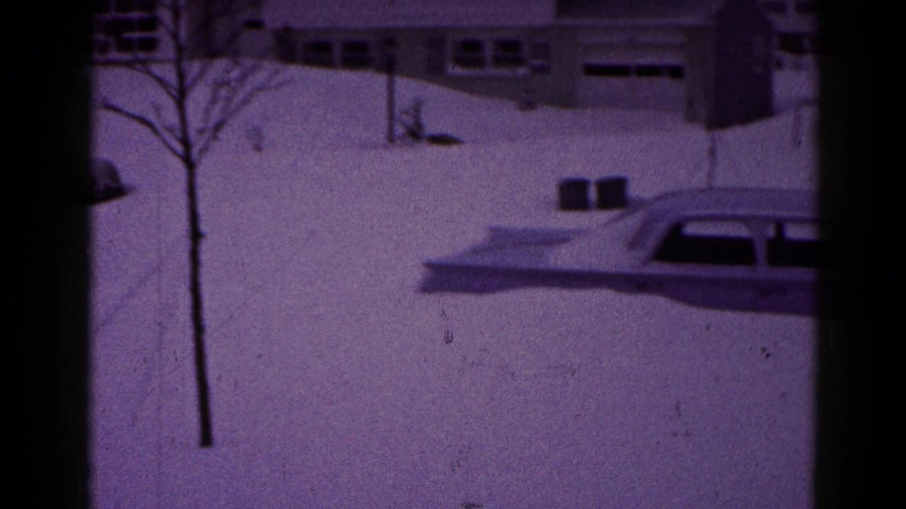 Snowy yard and street with a partially buried car near a bare tree and house.