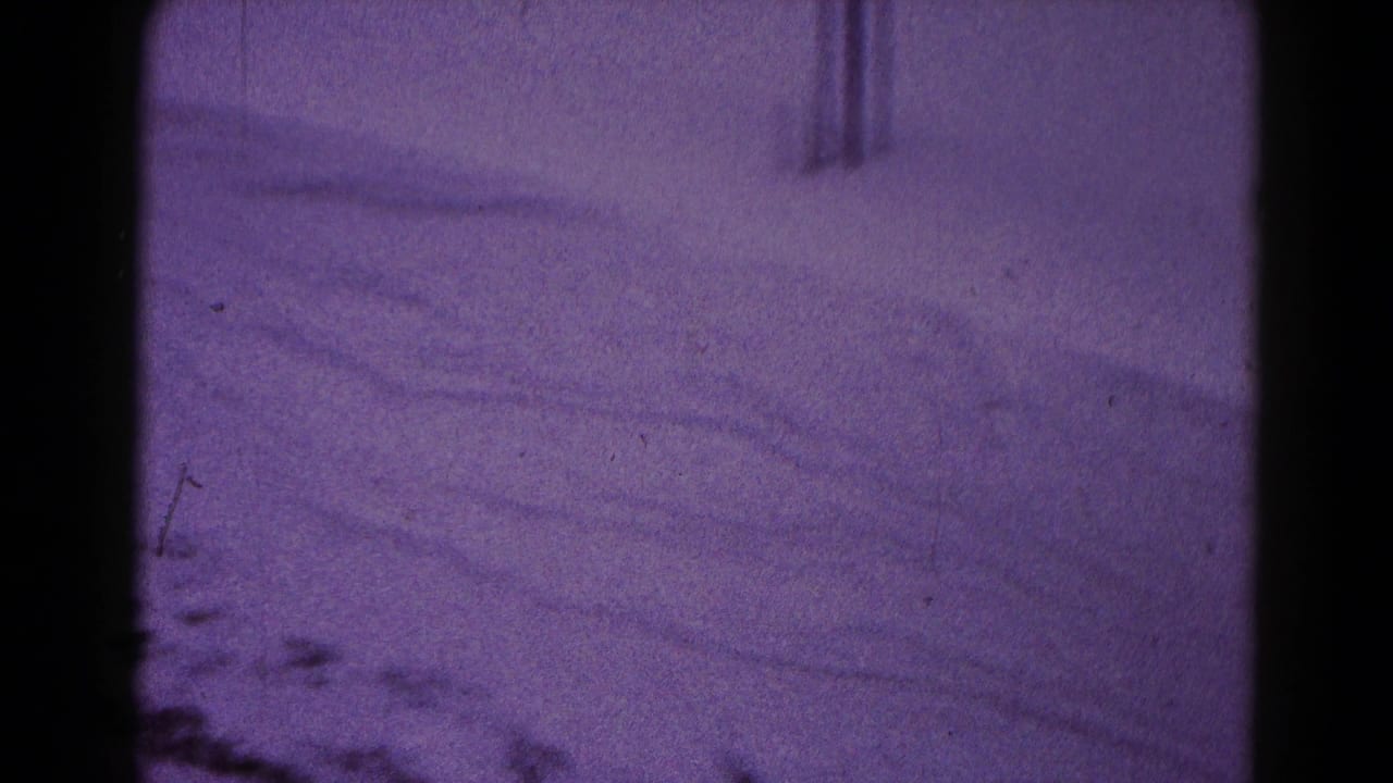 Snow-covered yard with faint vertical shapes and dark scan borders.