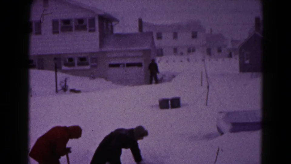 A 1959 Hagerstown snow scene shows two foreground shovelers and a third figure near a house, surrounded by deep snowbanks.