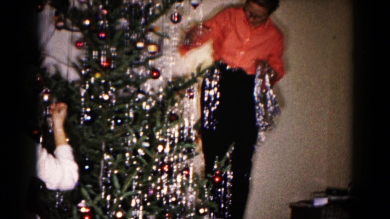 1959 Hagerstown indoor Christmas scene with a woman beside a tinsel-covered tree and another person partly visible at left.