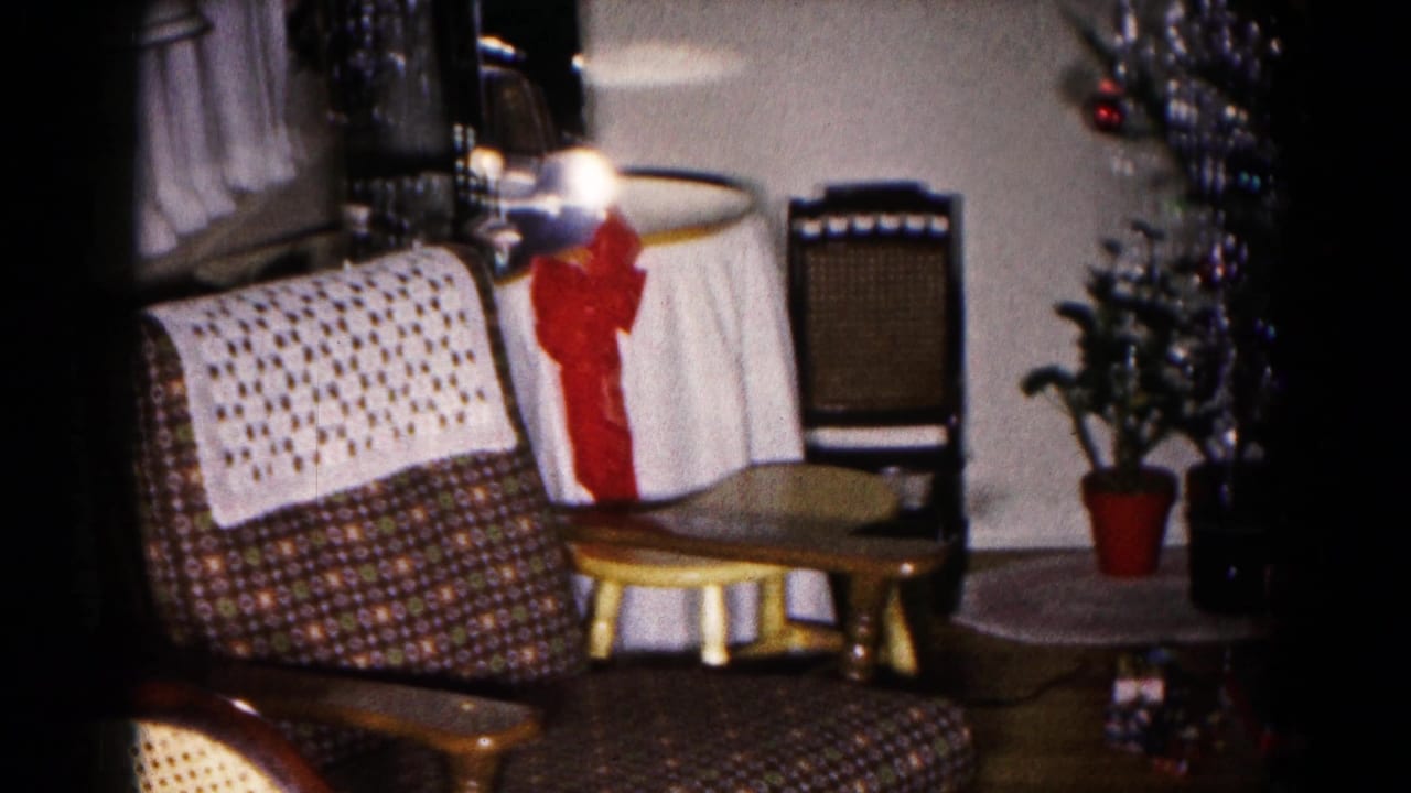 Patterned sofa, small table, chair, plant, and Christmas tree in a decorated living room.