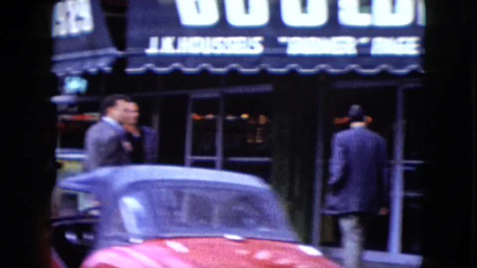 1959 Nevada street detail with a red vintage car, pedestrians, and a visible Horseshoe casino sign.