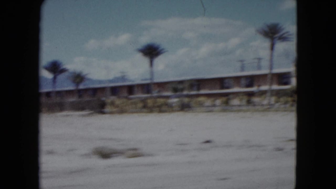 1959 Nevada roadside view of a low motel building, palm trees, and an open foreground seen from a moving vehicle.