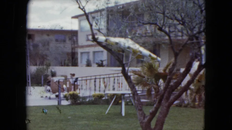 Garden scene in Nevada with a bird-like sculpture, lawn, trees, low buildings, and small visible figures in the background.