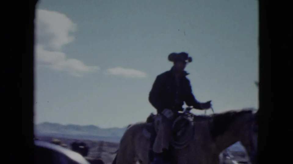 Close 1959 Nevada frame of a cowboy on horseback passing near the camera during a roadside cattle crossing.