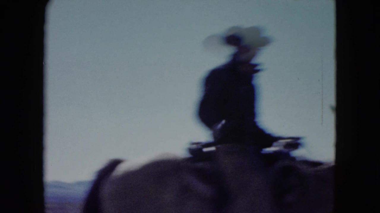 Silhouetted cowboy on horseback against a pale sky.