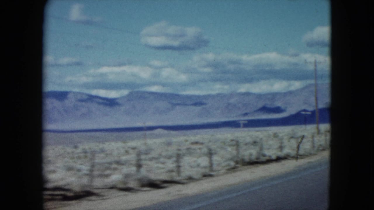 Open desert field, fence line, road edge, and mountains in the distance.