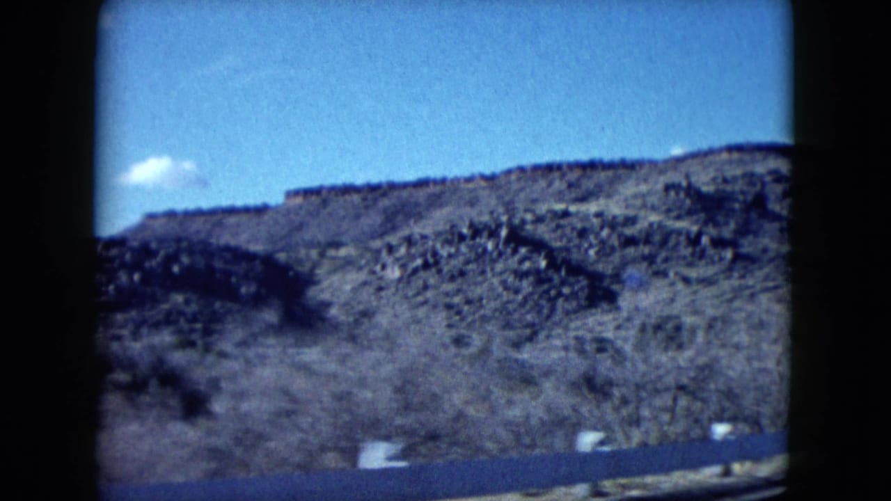 From a moving car, blurred roadside brush crosses the foreground with rocky Nevada hills and blue sky beyond.