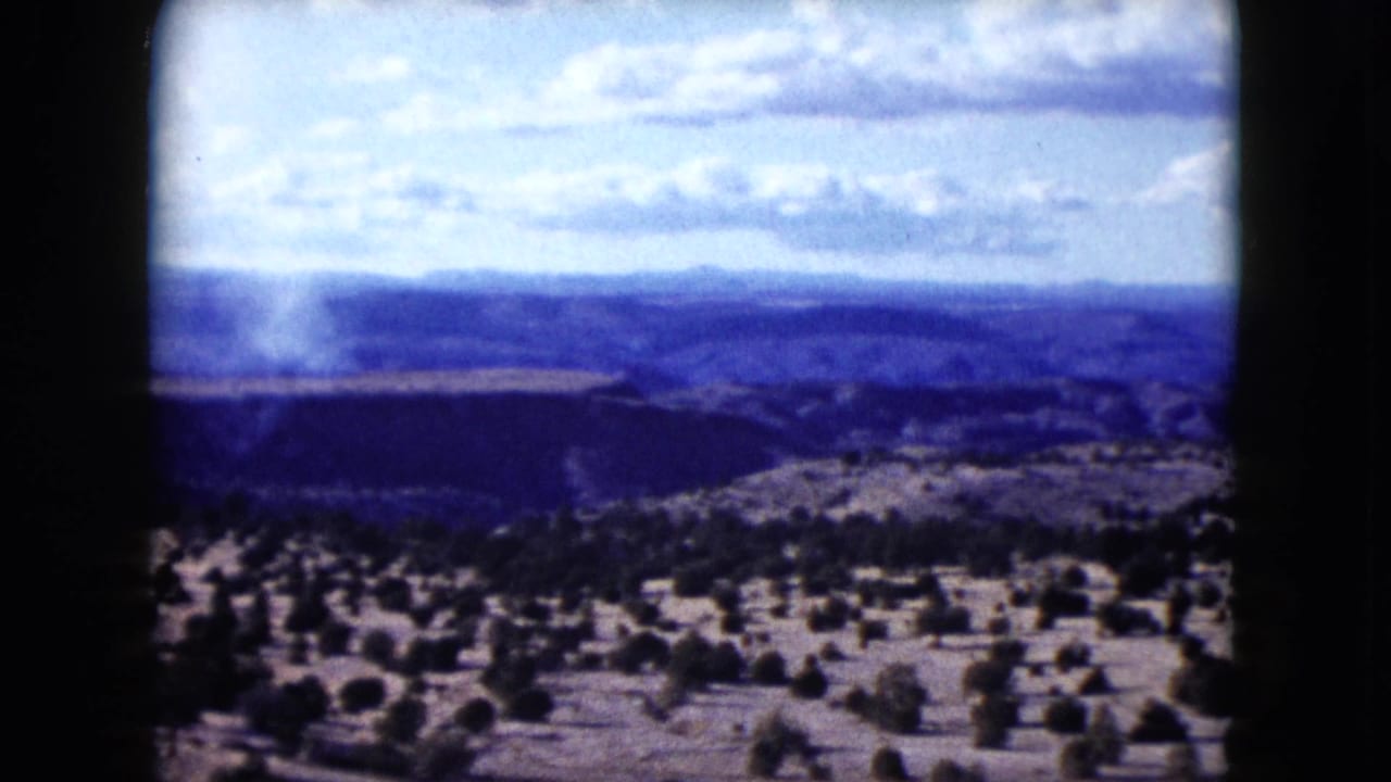 Dry tree-dotted plain with distant hills and a faint smoke column.