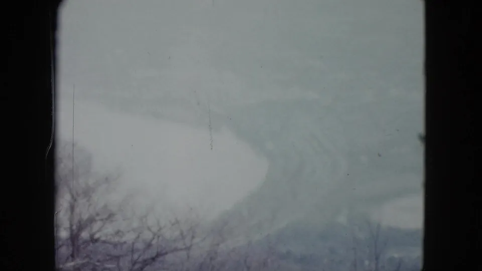 A soft 8mm landscape frame shows winding water below, with bare branches in the foreground and haze over the distance.