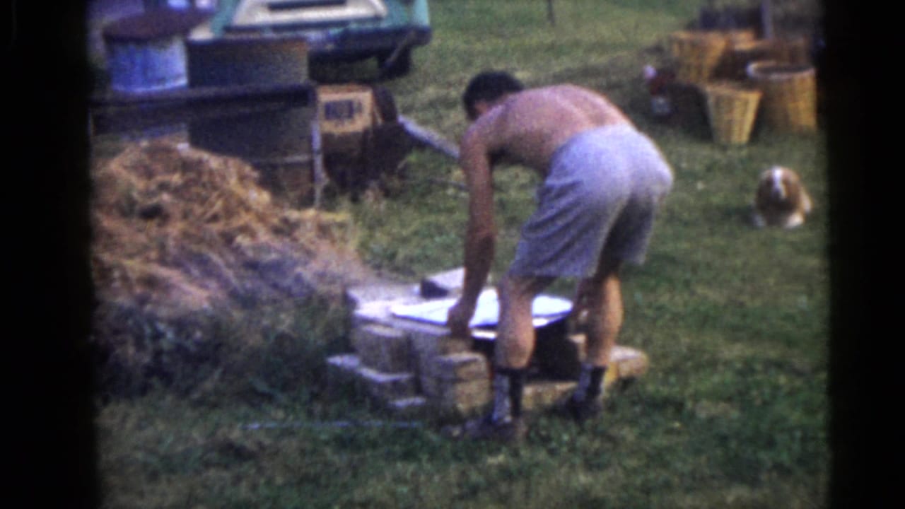 The man continues working at the low brick structure in a grassy Camden yard, with a small dog and stacked items visible behind him.