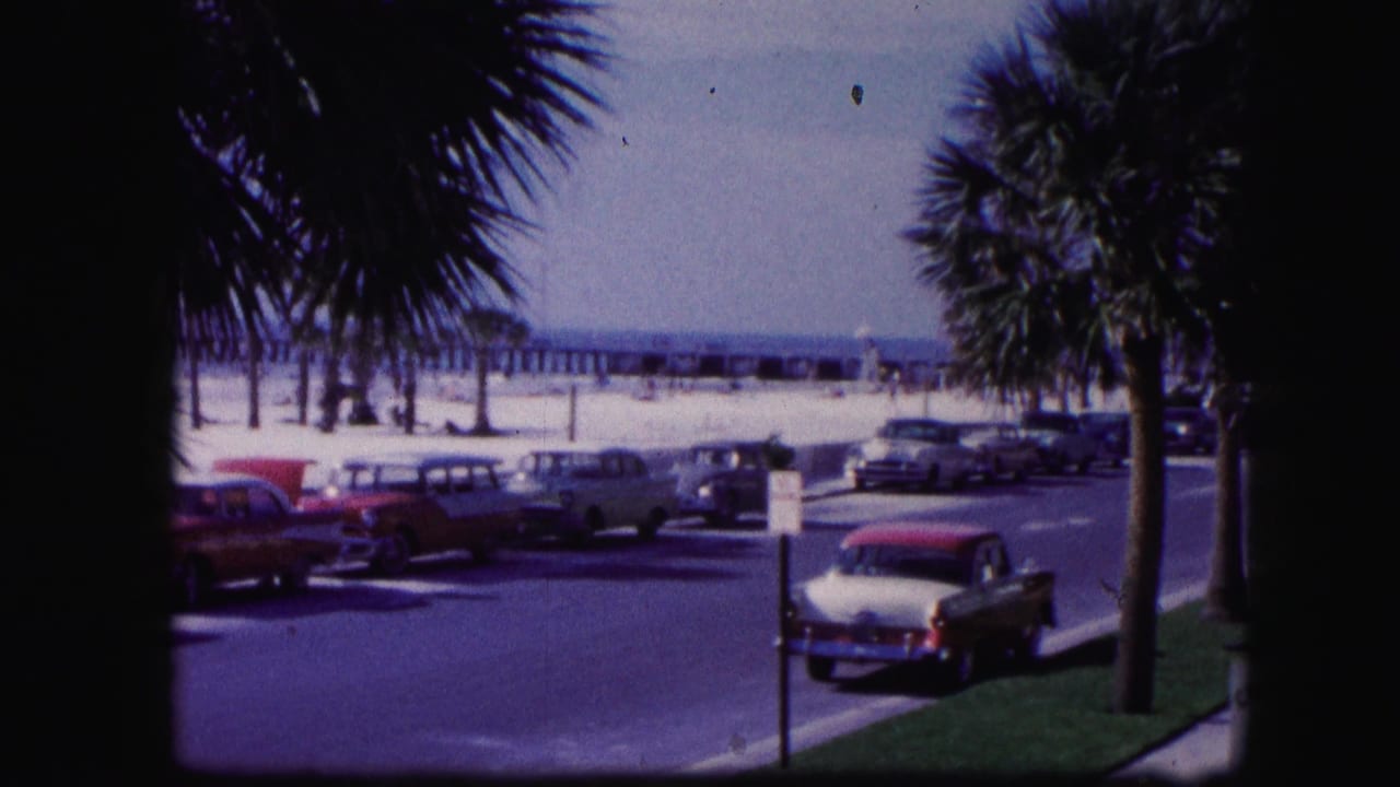 Palm-lined beach road with parked classic cars, sand, ocean, and a distant pier.