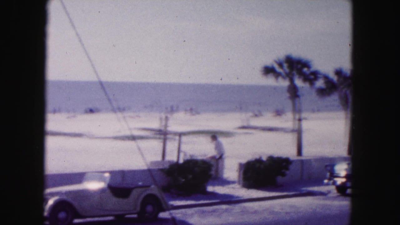 Beachfront road with a white convertible, palms, low wall, sand, ocean, and a distant pedestrian.