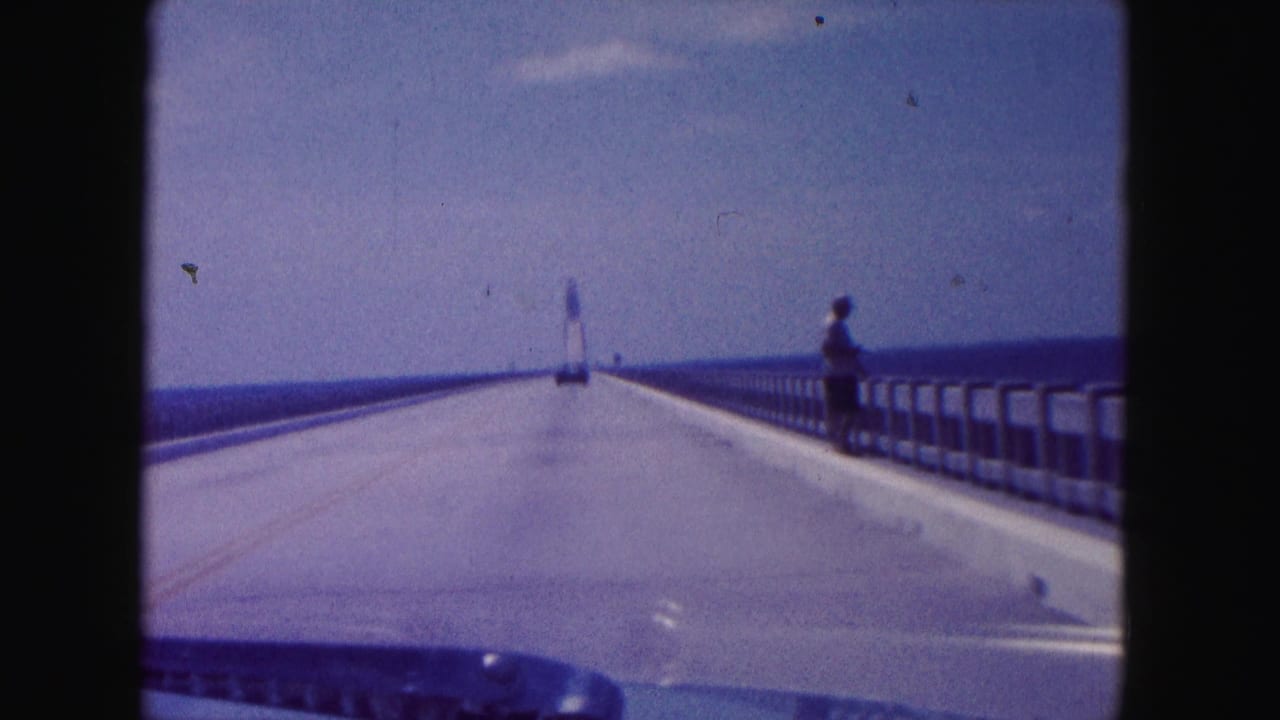 Roadway across open water with a person standing by the right bridge railing.